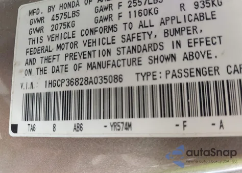 2008 Honda Accord 3.5 Ex-L из США, поврежденный, VIN 1HGCP36828A035086